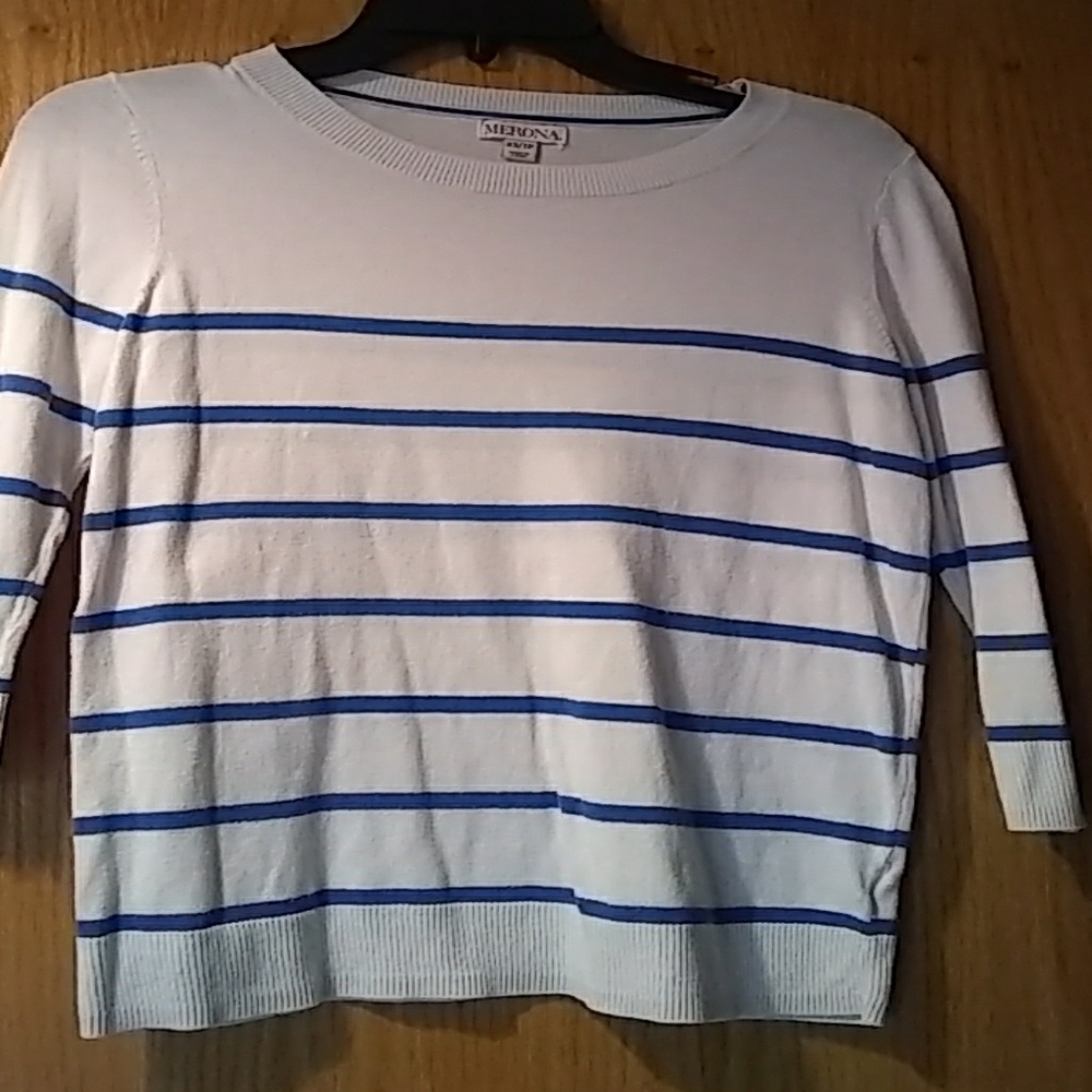 White with blue striped light sweater